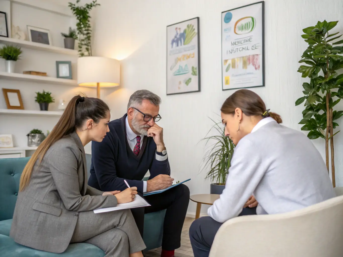 A coach working with a client on leadership skills, in a modern office environment, with a focus on improving communication and decision-making abilities.