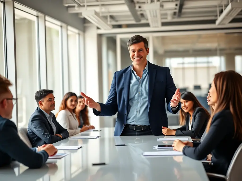 An image of a business leader confidently addressing a team, representing leadership development and empowerment.