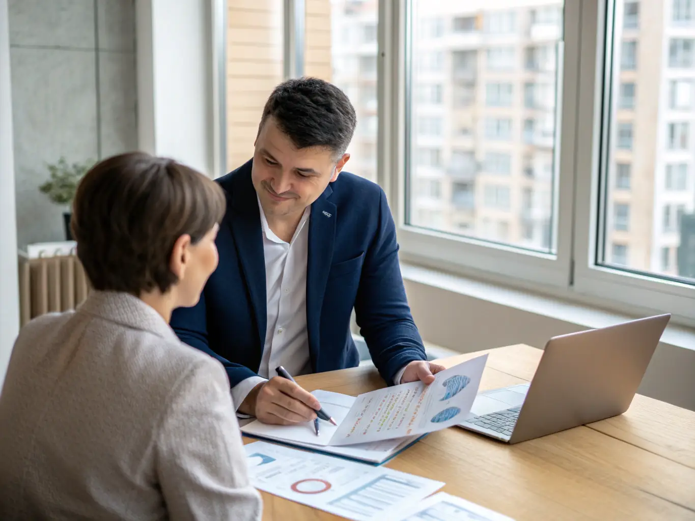 A professional business coach in a modern office setting, guiding a client through a strategic planning session, with charts and graphs visible in the background, symbolizing business growth and strategic development.